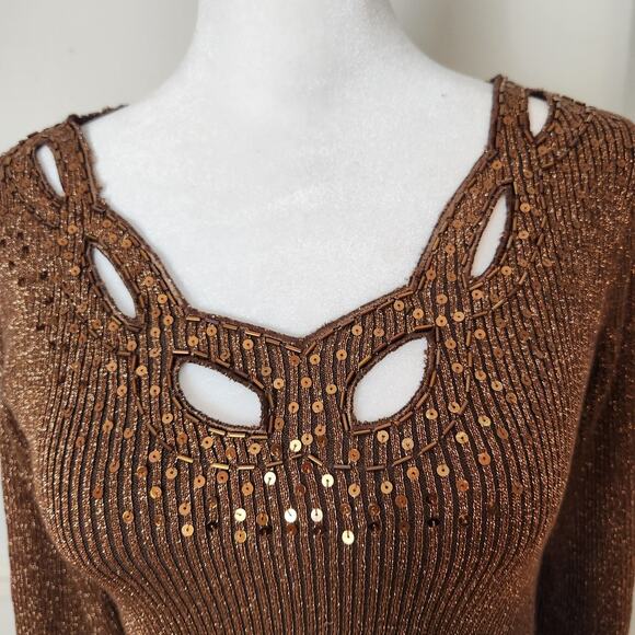 Once Again Sweater Sz Small Women Metallic Gold Brown Ribbed Sequin Fairy Grunge - Picture 2 of 12